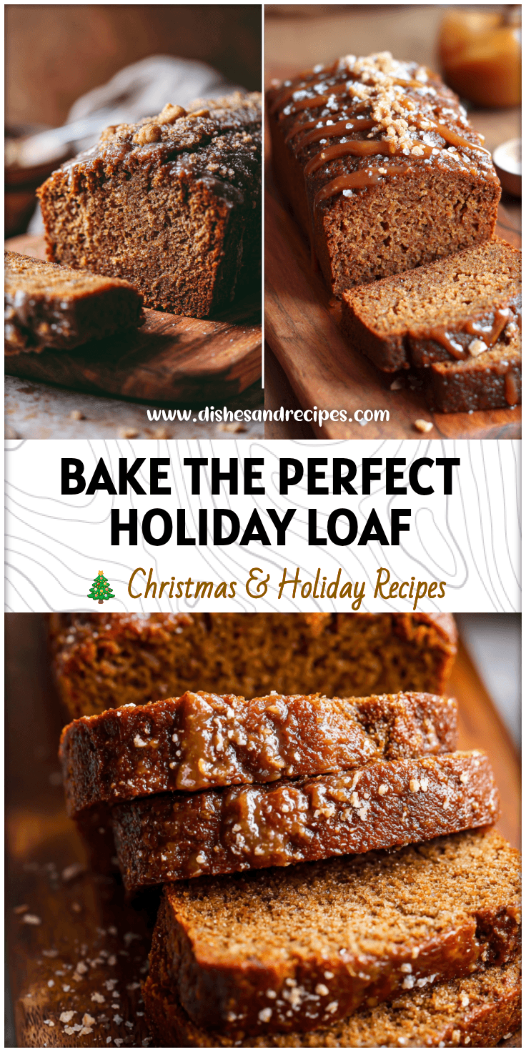 Moist gingerbread banana loaf topped with festive spices and brown sugar glaze on a wooden board.